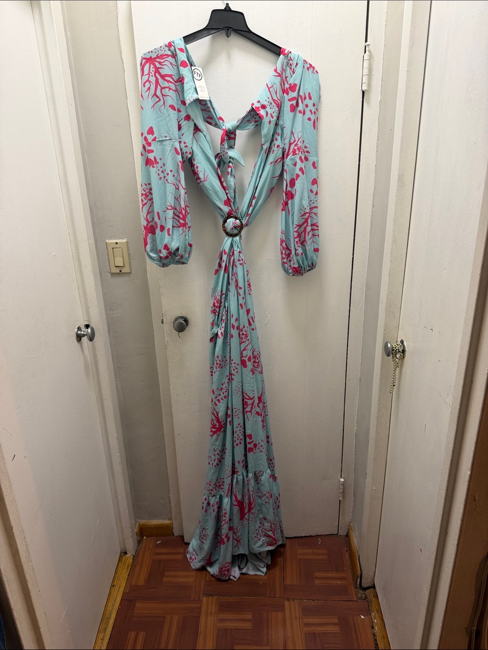 Seafoam Green Floral Maxi Dress with Ring Tie Detail